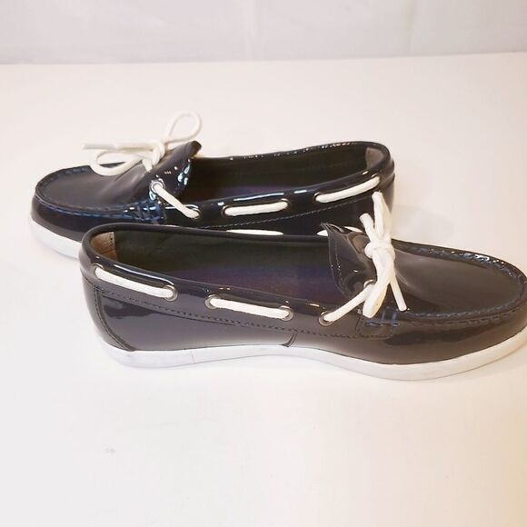 COLE HAAN Patent Leather Boat Shoes Navy Blue - Picture 1 of 4